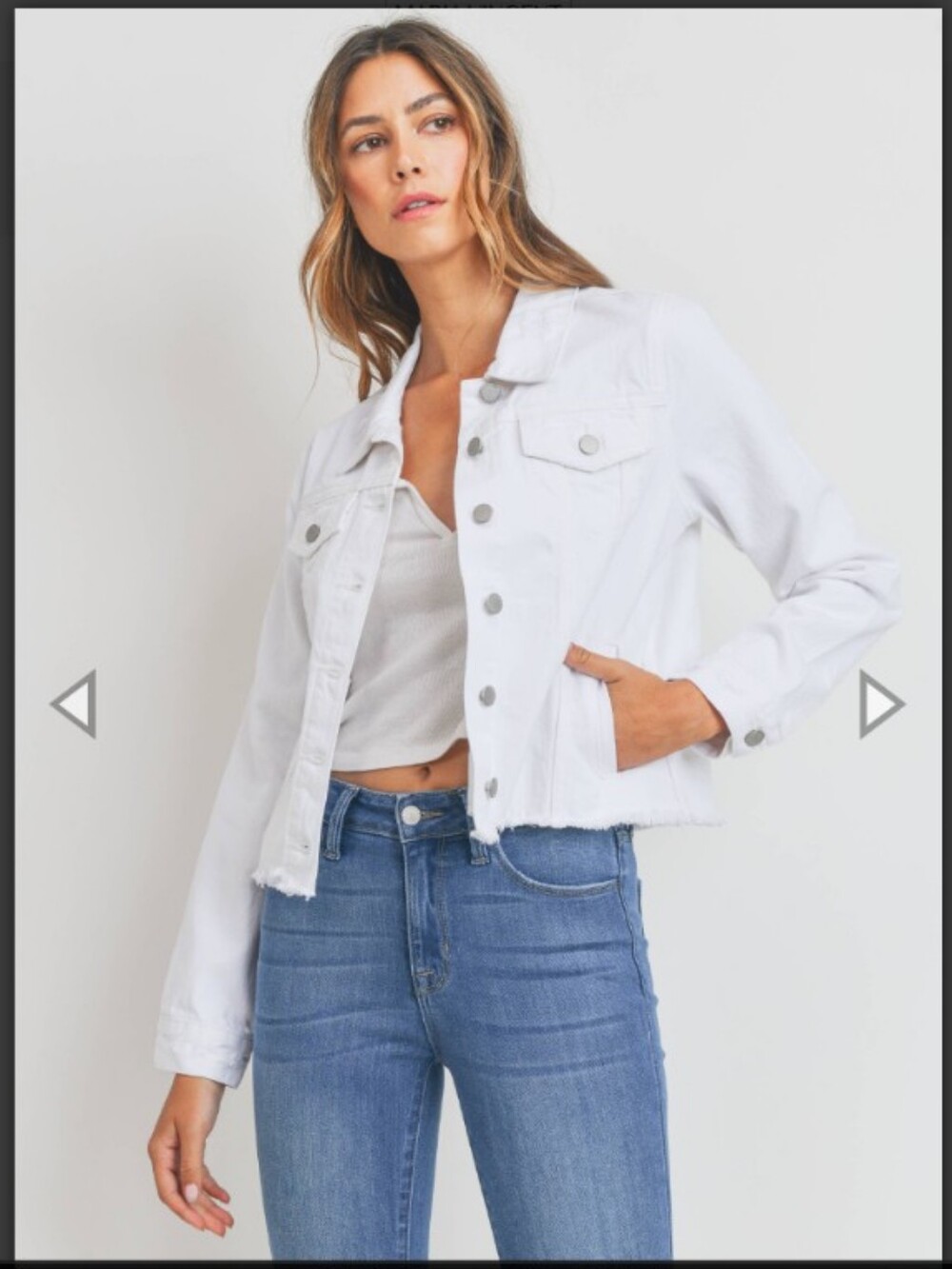 Just USA White Cropped Raw-Hem Denim Jacket